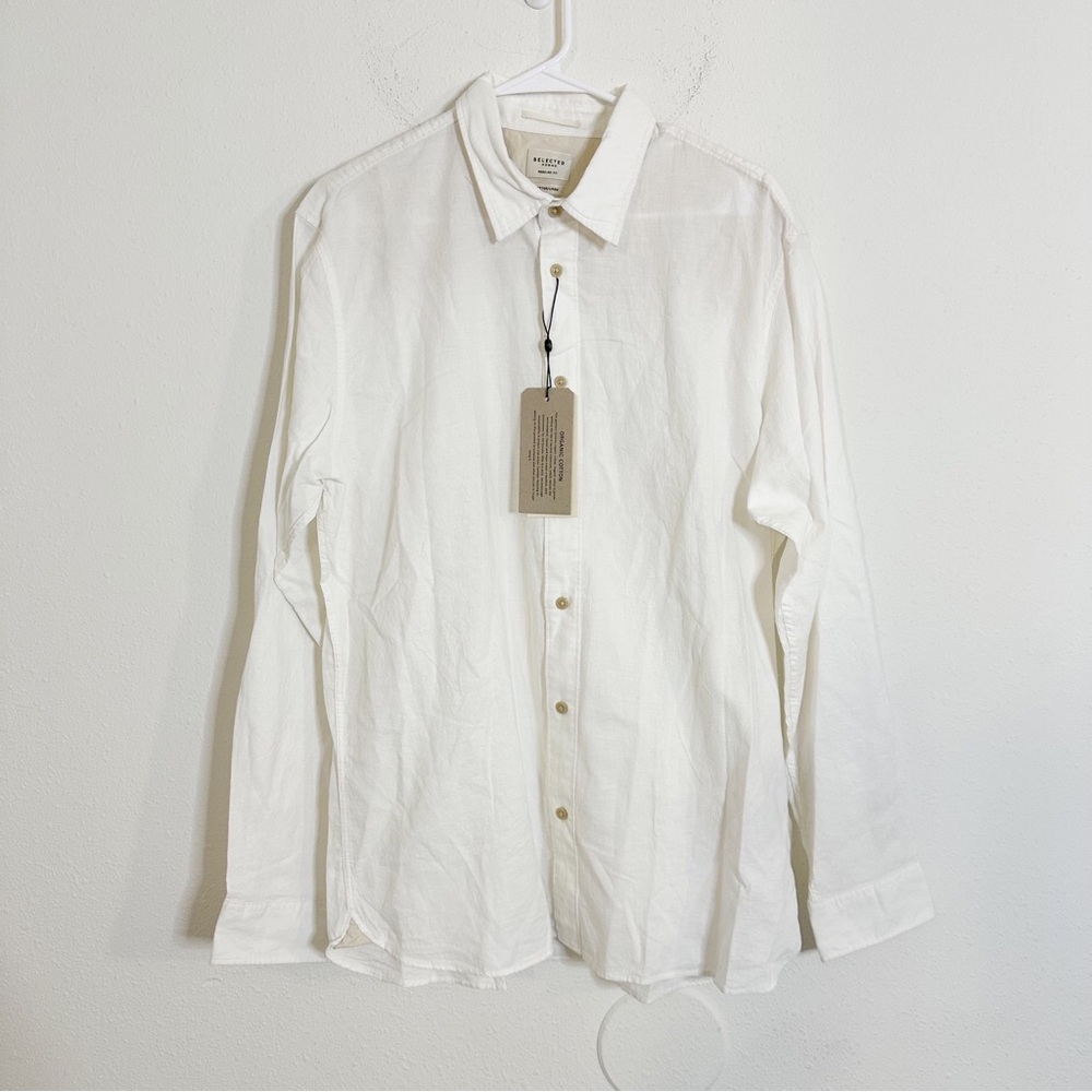 Selected Homme white linen egret jacquard long sleeve button down shirt